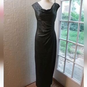 Lauren Ralph Lauren metallic black drapy cowl neck evening gown high split Sz 14